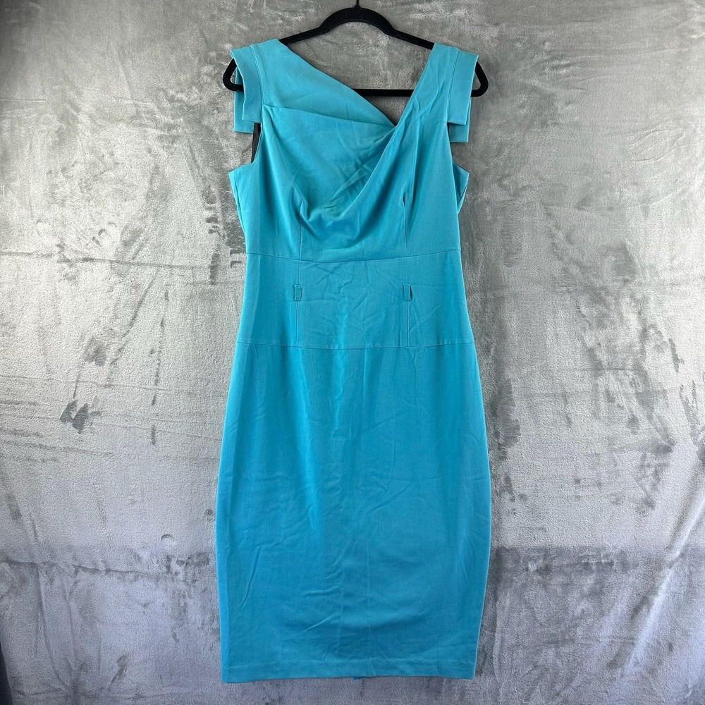 Emma & Michele Dress Women's 8 Turquoise Blue Pencil Sheath Asymmetrical Neck